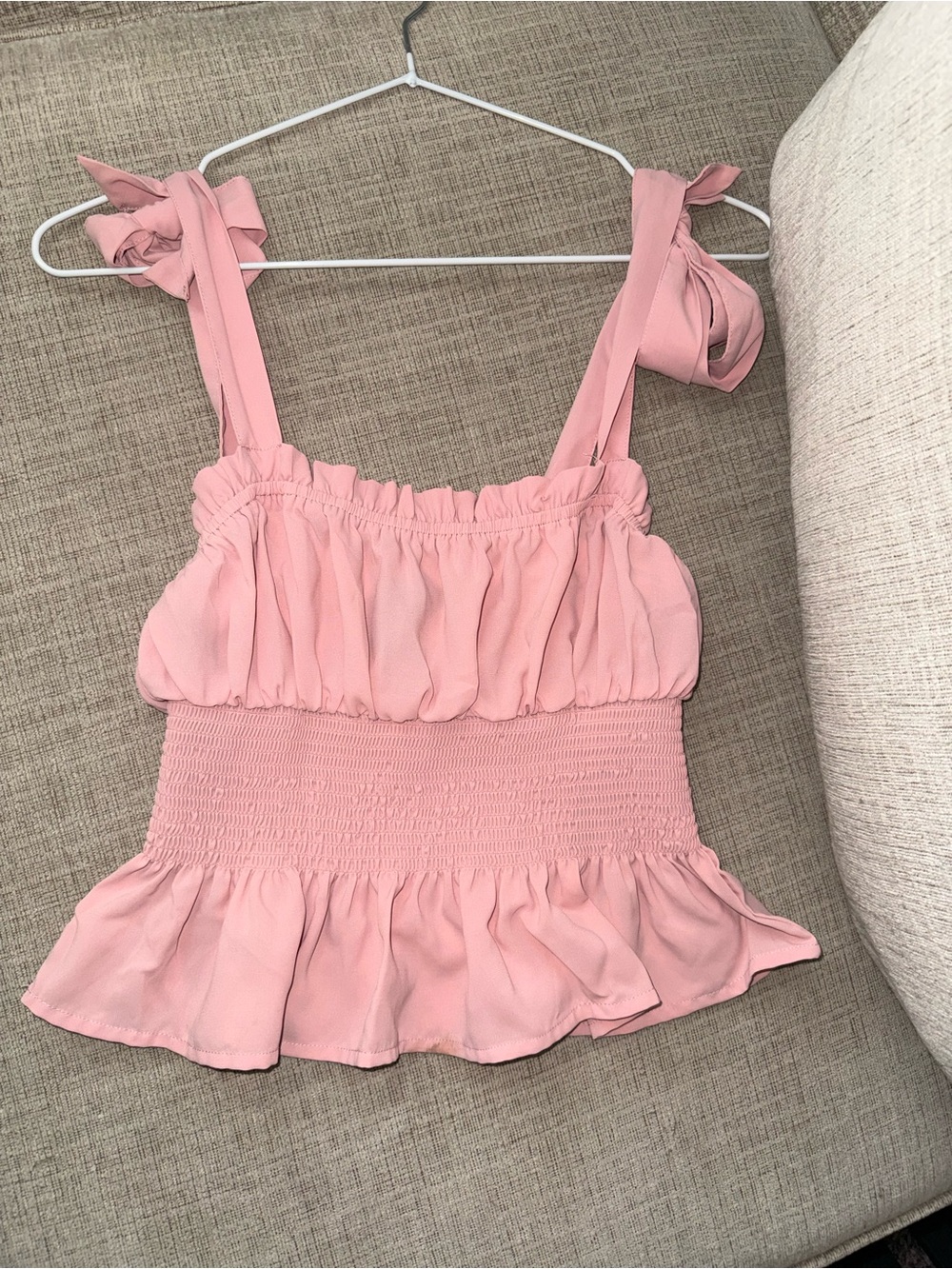 Forever 21 Blush Pink Tie-Shoulder Smocked Peplum Tank